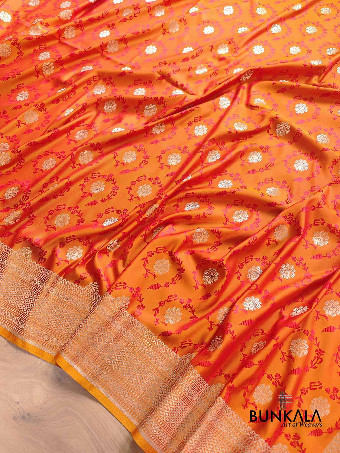 Bright Orange Soft Mashru Silk Jamewar Weaved Floral Jaal Design Banarasi Saree