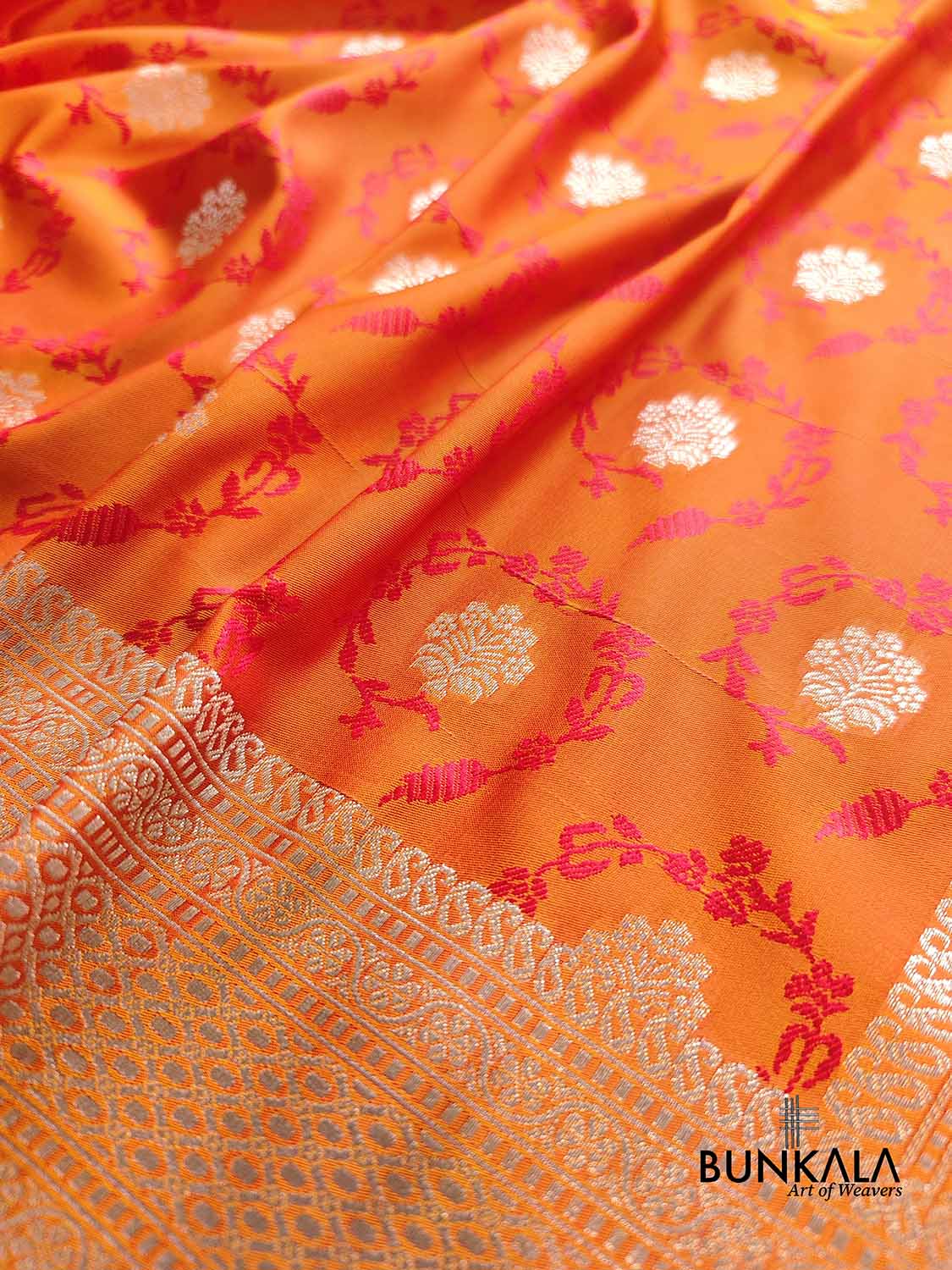 Bright Orange Soft Mashru Silk Jamewar Weaved Floral Jaal Design Banarasi Saree