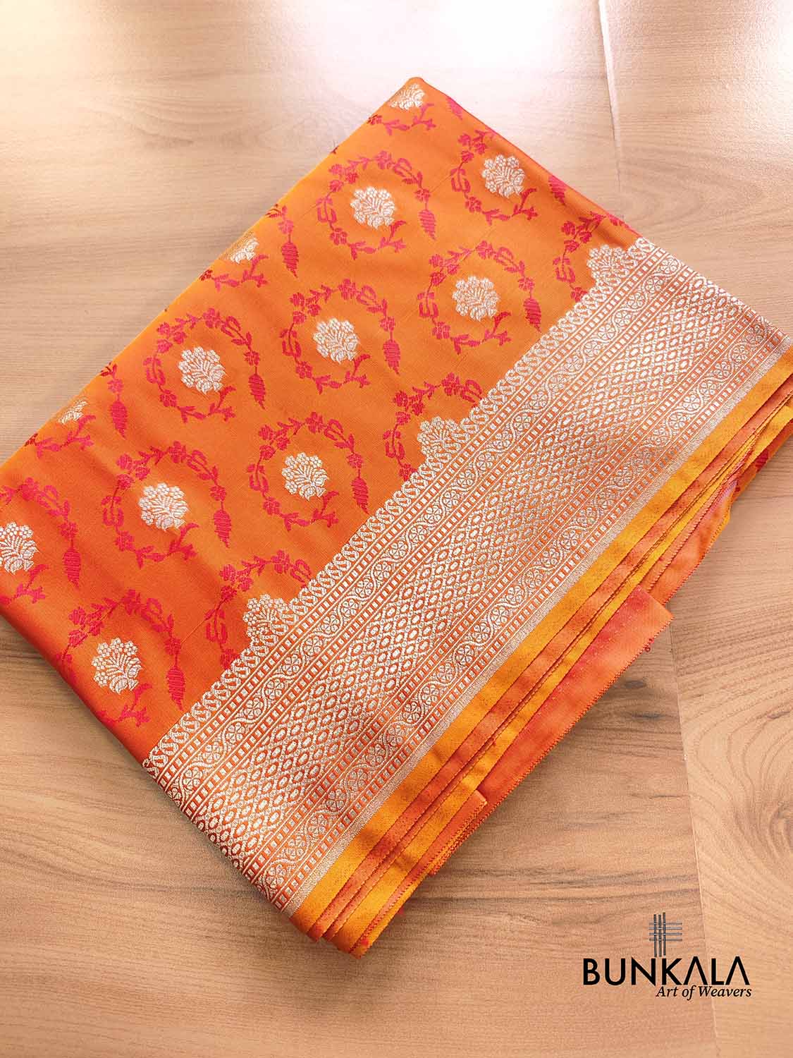 Bright Orange Soft Mashru Silk Jamewar Weaved Floral Jaal Design Banarasi Saree