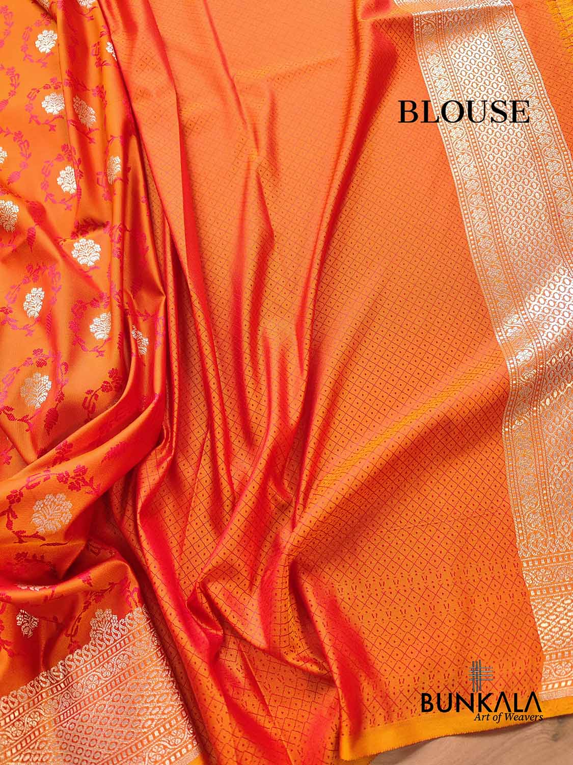 Bright Orange Soft Mashru Silk Jamewar Weaved Floral Jaal Design Banarasi Saree