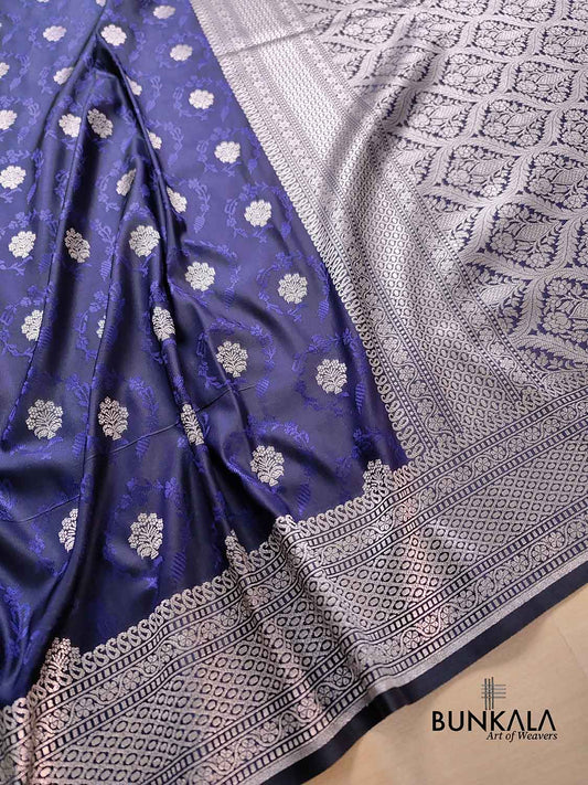 Navy Blue Soft Mashru Silk Jamewar Weaved Floral Jaal Design Banarasi Saree