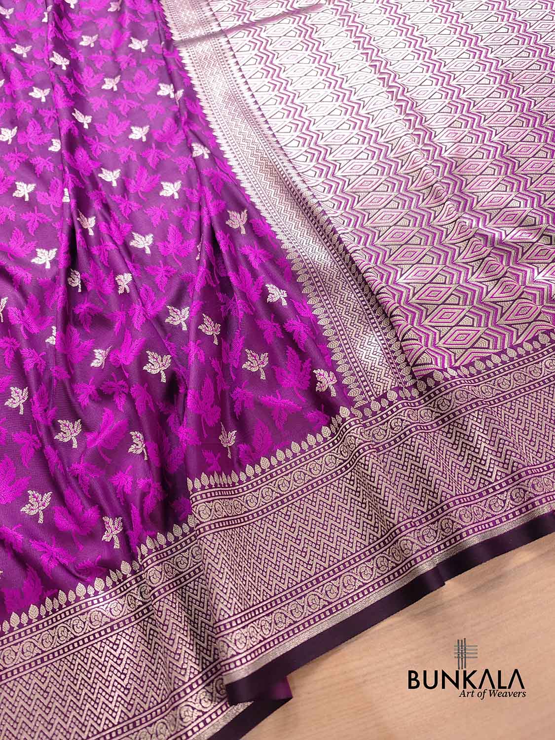 Purple Soft Mashru Silk Jamewar Weaved Leaf Design Banarasi Saree