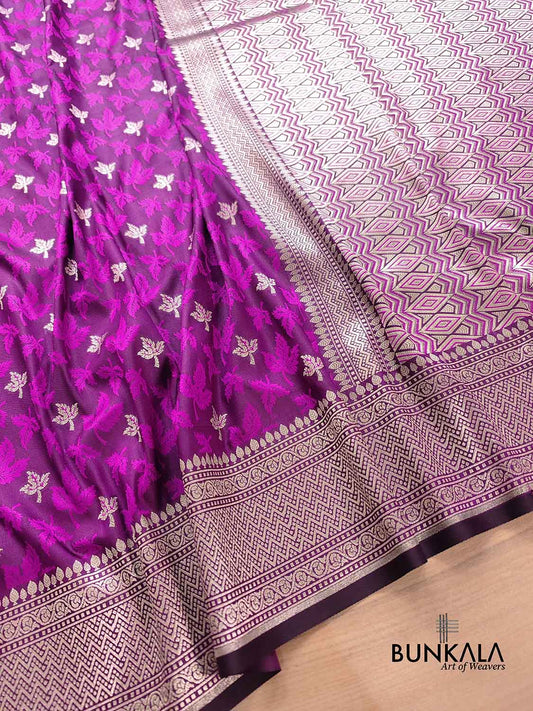 Purple Soft Mashru Silk Jamewar Weaved Leaf Design Banarasi Saree