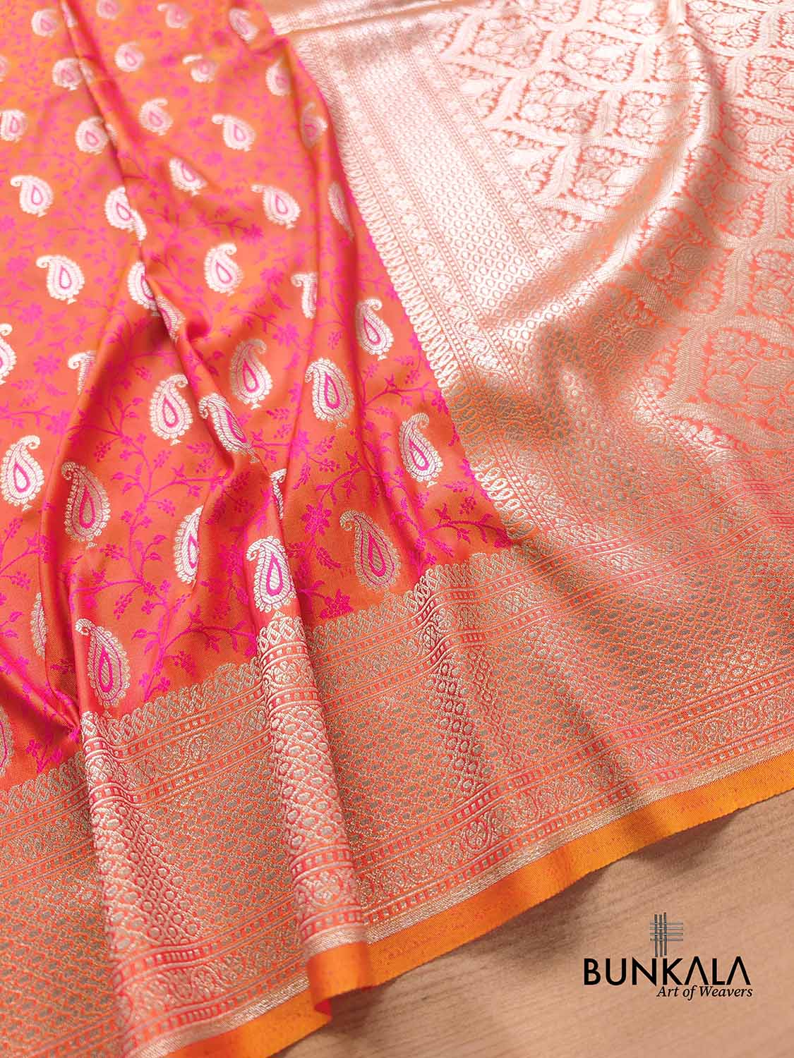 Pink and Orange Double Shaded Soft Mashru Silk Jamewar Weaved Allover Paisley Buti Design Banarasi Saree