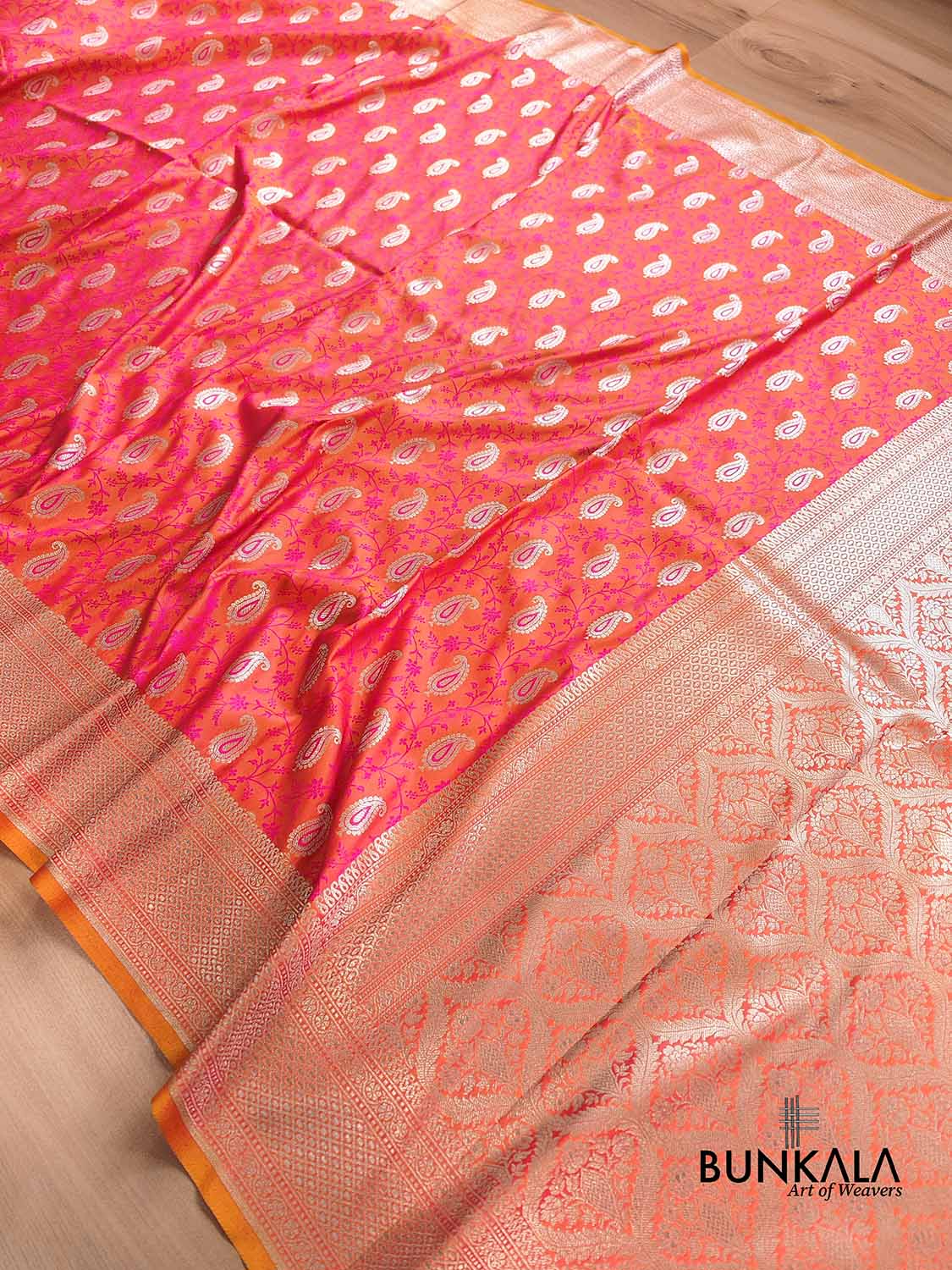 Pink and Orange Double Shaded Soft Mashru Silk Jamewar Weaved Allover Paisley Buti Design Banarasi Saree