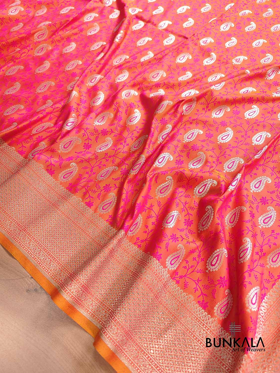 Pink and Orange Double Shaded Soft Mashru Silk Jamewar Weaved Allover Paisley Buti Design Banarasi Saree