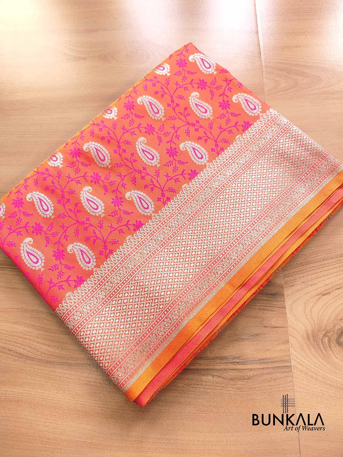 Pink and Orange Double Shaded Soft Mashru Silk Jamewar Weaved Allover Paisley Buti Design Banarasi Saree