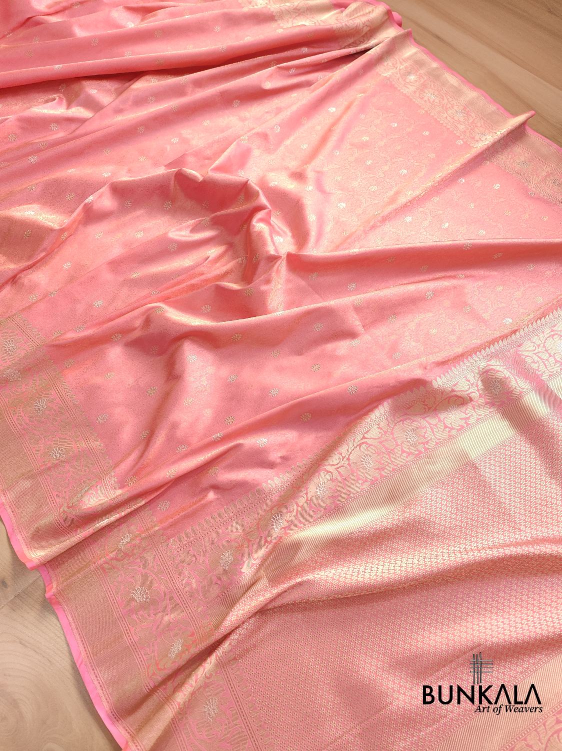 Pink Tanchui Handloom Pure Katan Silk Allover Sona Rupa Small Buti Banarasi Saree