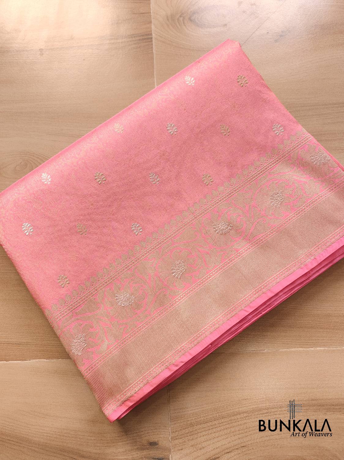 Pink Tanchui Handloom Pure Katan Silk Allover Sona Rupa Small Buti Banarasi Saree