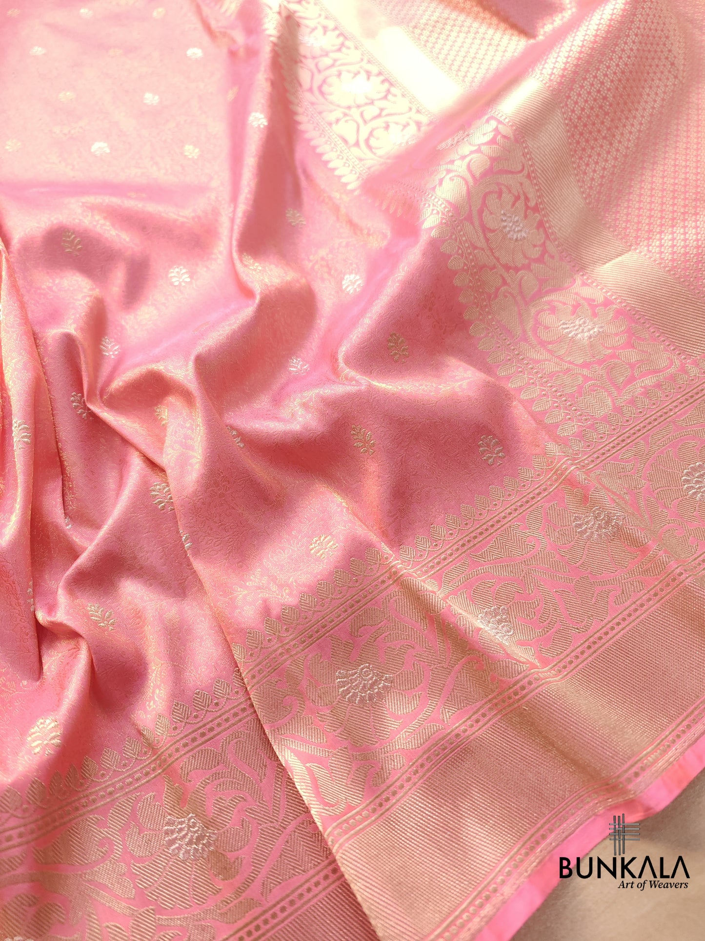 Pink Tanchui Handloom Pure Katan Silk Allover Sona Rupa Small Buti Banarasi Saree