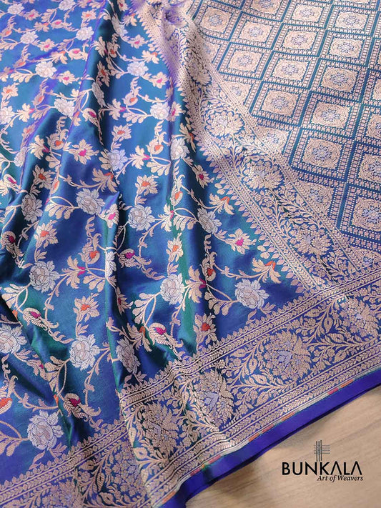 Blue and Green Two Tone Pure Katan Silk Sona Rupa Floral Jaal Design Meenakari Handwoven Banarasi Saree