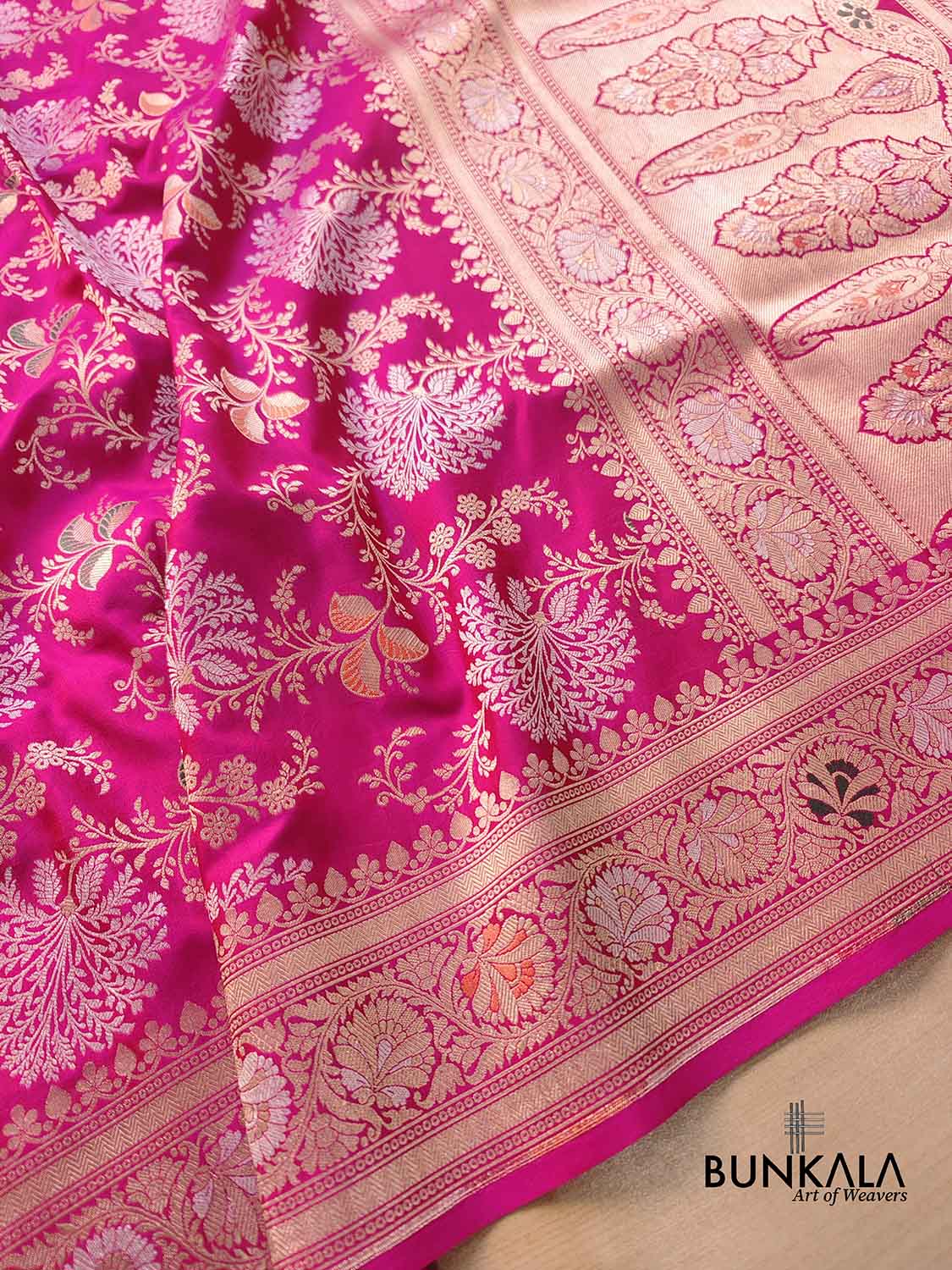 Pink Two Tone Color Pure Katan Silk Sona Rupa Floral Jaal Design Handloom Banarasi Saree