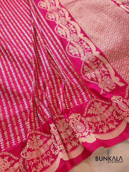 Pinkish Red Pure Katan Silk Handloom Stripe Design Sona Rupa Tanchui Body Banarasi Saree with Scalloped Border