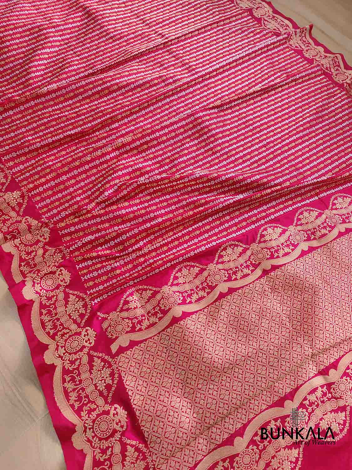 Pinkish Red Pure Katan Silk Handloom Stripe Design Sona Rupa Tanchui Body Banarasi Saree with Scalloped Border