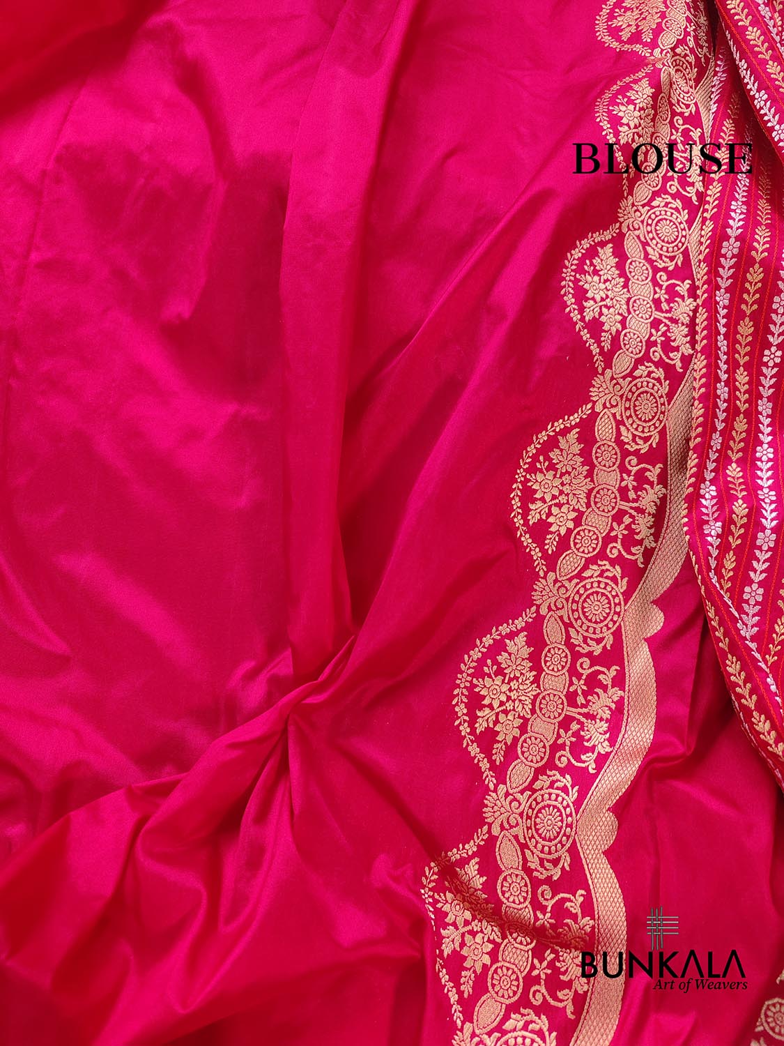 Pinkish Red Pure Katan Silk Handloom Stripe Design Sona Rupa Tanchui Body Banarasi Saree with Scalloped Border