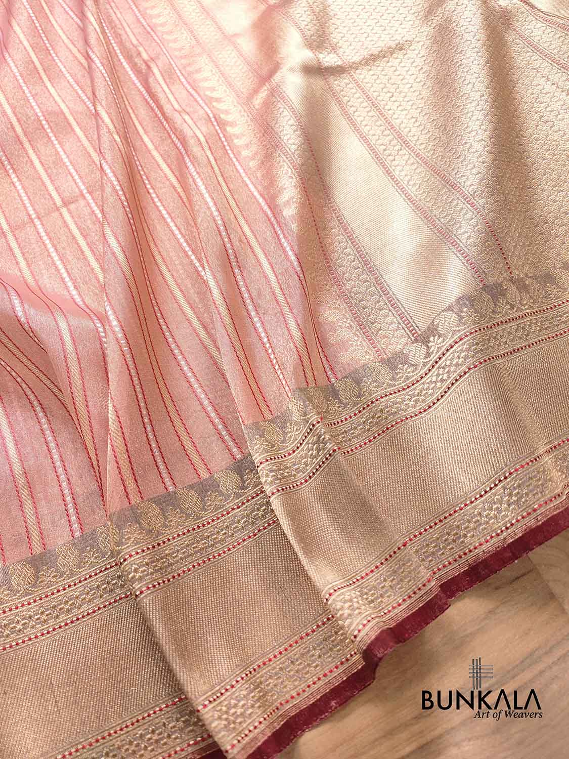 Pastel Peach Pink Pure Tissue Silk Handloom Stripe Design Sona Rupa Banarasi Saree with Contrast Border