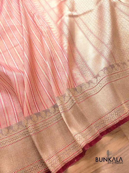 Pastel Peach Pink Pure Tissue Silk Handloom Stripe Design Sona Rupa Banarasi Saree with Contrast Border