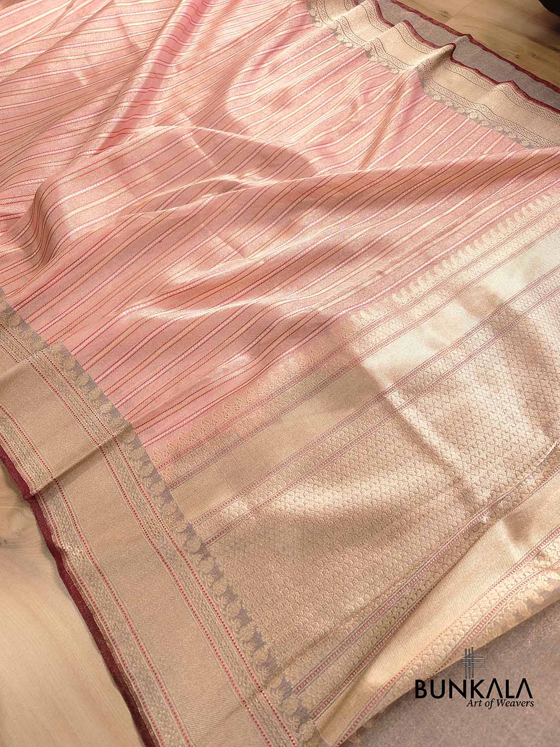 Pastel Peach Pink Pure Tissue Silk Handloom Stripe Design Sona Rupa Banarasi Saree with Contrast Border