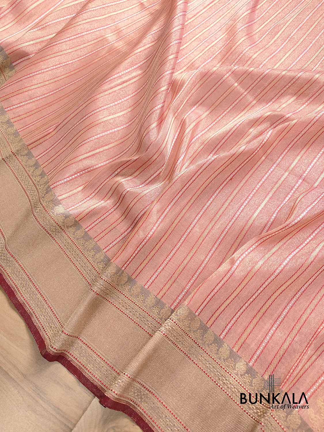 Pastel Peach Pink Pure Tissue Silk Handloom Stripe Design Sona Rupa Banarasi Saree with Contrast Border