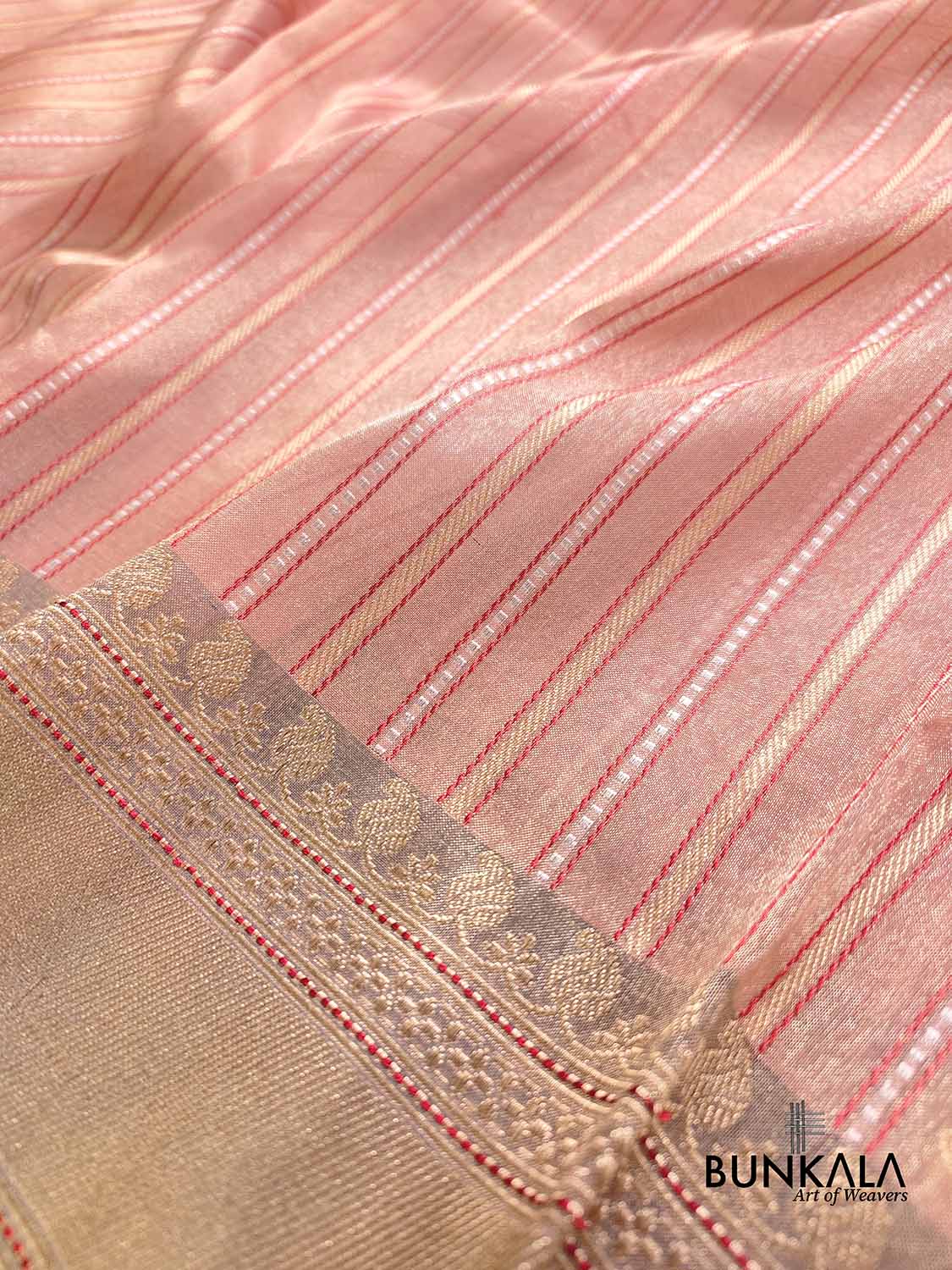 Pastel Peach Pink Pure Tissue Silk Handloom Stripe Design Sona Rupa Banarasi Saree with Contrast Border