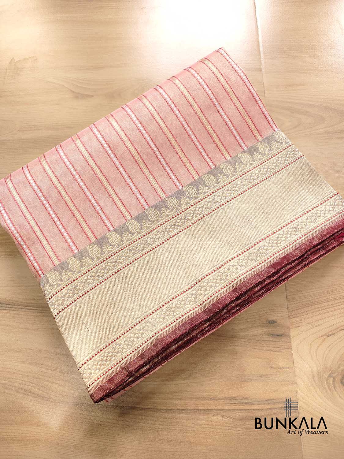 Pastel Peach Pink Pure Tissue Silk Handloom Stripe Design Sona Rupa Banarasi Saree with Contrast Border