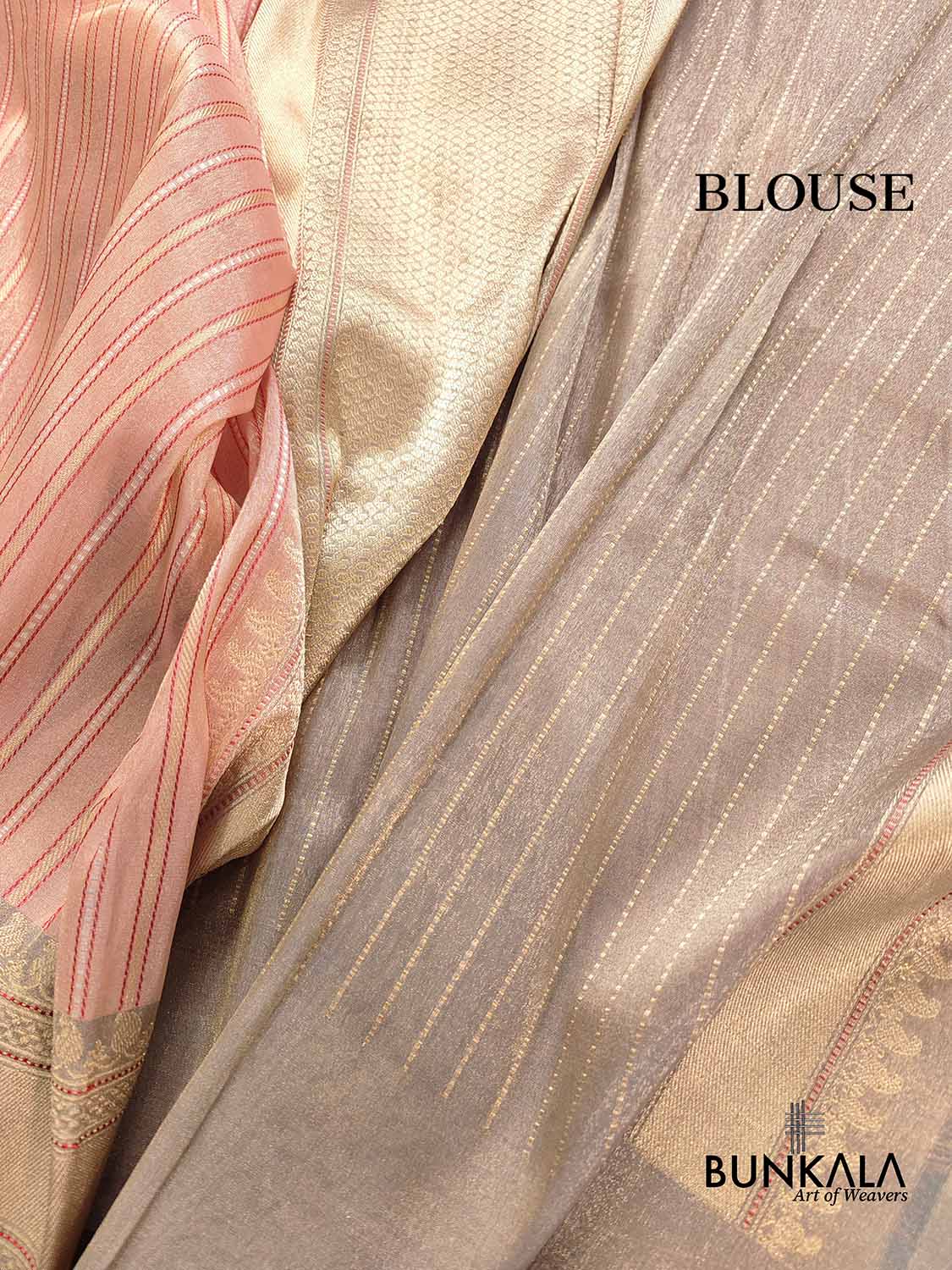 Pastel Peach Pink Pure Tissue Silk Handloom Stripe Design Sona Rupa Banarasi Saree with Contrast Border