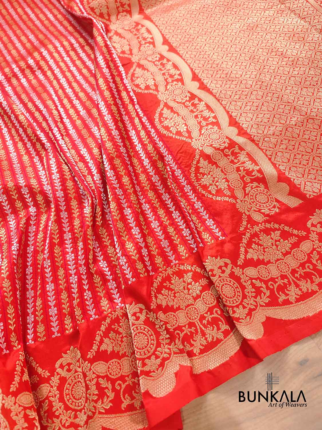 Burnt Orange Pure Katan Silk Handloom Stripe Design Sona Rupa Tanchui Body Banarasi Saree with Scalloped Border