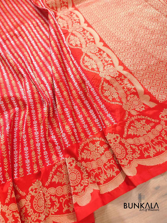 Burnt Orange Pure Katan Silk Handloom Stripe Design Sona Rupa Tanchui Body Banarasi Saree with Scalloped Border