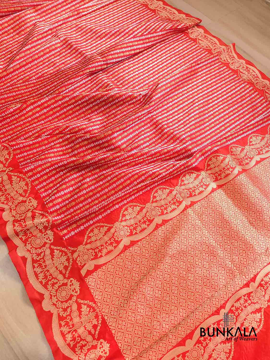 Burnt Orange Pure Katan Silk Handloom Stripe Design Sona Rupa Tanchui Body Banarasi Saree with Scalloped Border