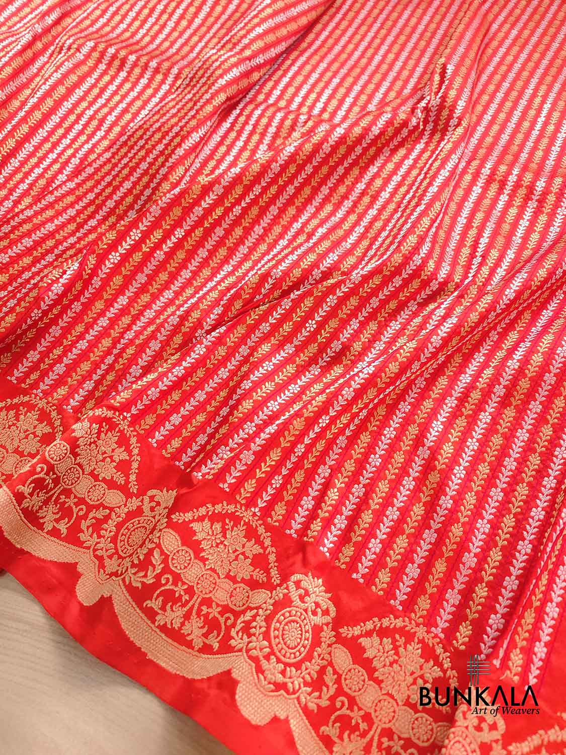 Burnt Orange Pure Katan Silk Handloom Stripe Design Sona Rupa Tanchui Body Banarasi Saree with Scalloped Border