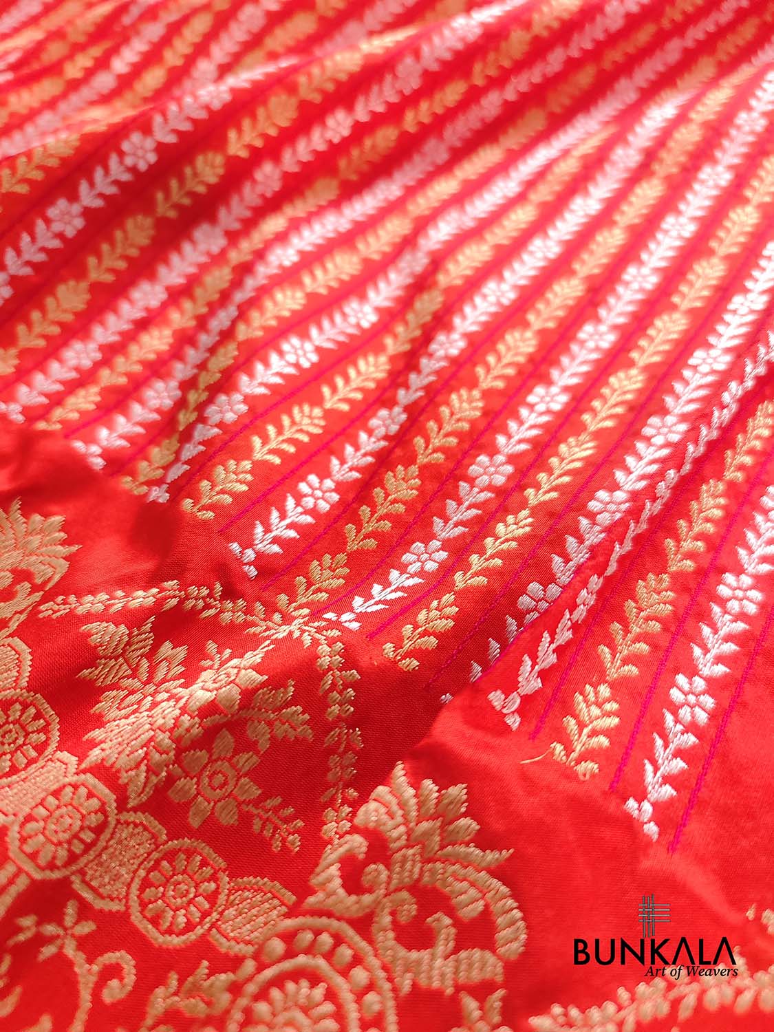 Burnt Orange Pure Katan Silk Handloom Stripe Design Sona Rupa Tanchui Body Banarasi Saree with Scalloped Border