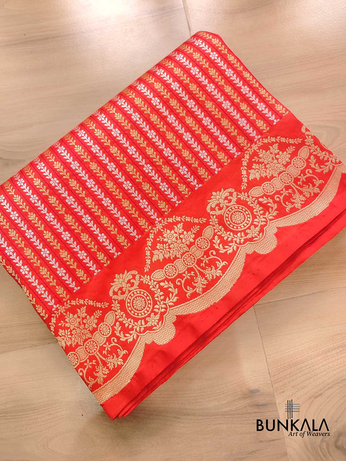 Burnt Orange Pure Katan Silk Handloom Stripe Design Sona Rupa Tanchui Body Banarasi Saree with Scalloped Border