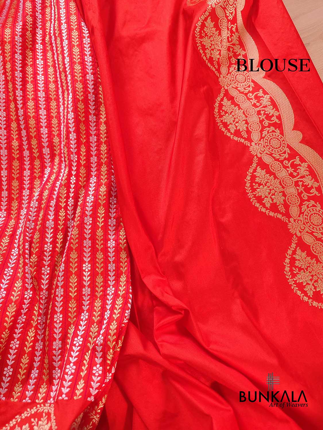 Burnt Orange Pure Katan Silk Handloom Stripe Design Sona Rupa Tanchui Body Banarasi Saree with Scalloped Border