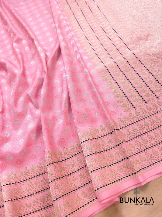 Light Pink Pure Katan Silk Allover Sona Rupa Buti Kadwa Handweaved Tanchui Border Banarasi Saree