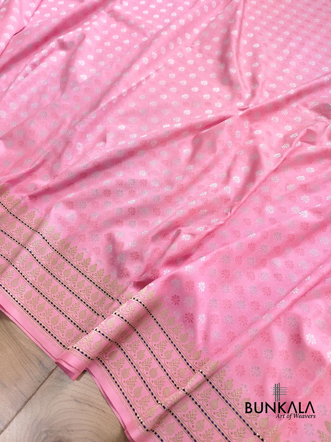 Light Pink Pure Katan Silk Allover Sona Rupa Buti Kadwa Handweaved Tanchui Border Banarasi Saree