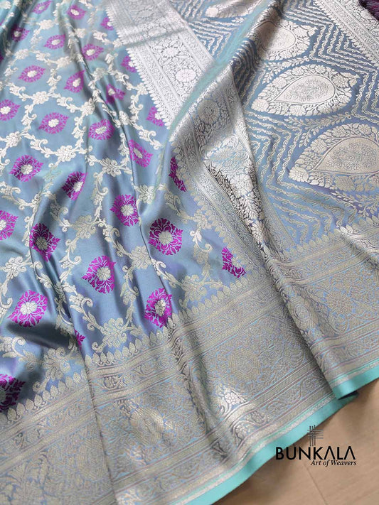 Grey Soft Mashru Silk Jamewar Weaved Floral Jaal Design Pink Meena Banarasi Saree