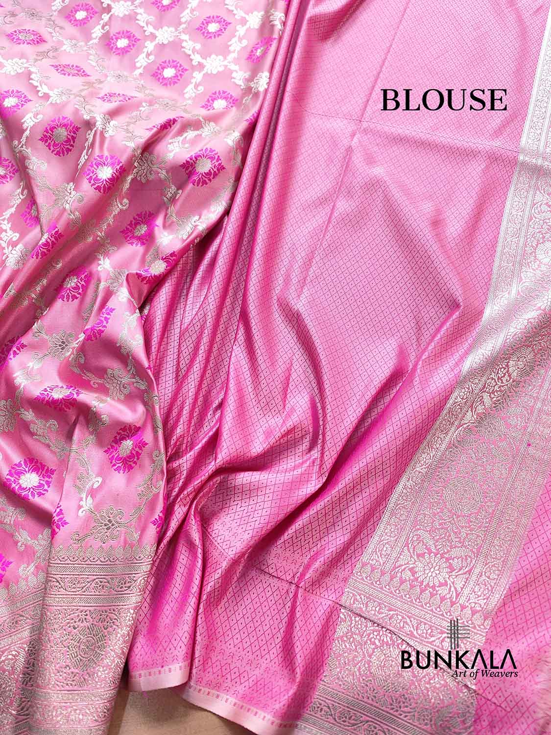 Baby Pink Soft Mashru Silk Jamewar Weaved Floral Jaal Design Pink Meena Banarasi Saree