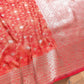 Reddish Peach Soft Mashru Silk Jamewar Weaved Geometric Design Banarasi Saree