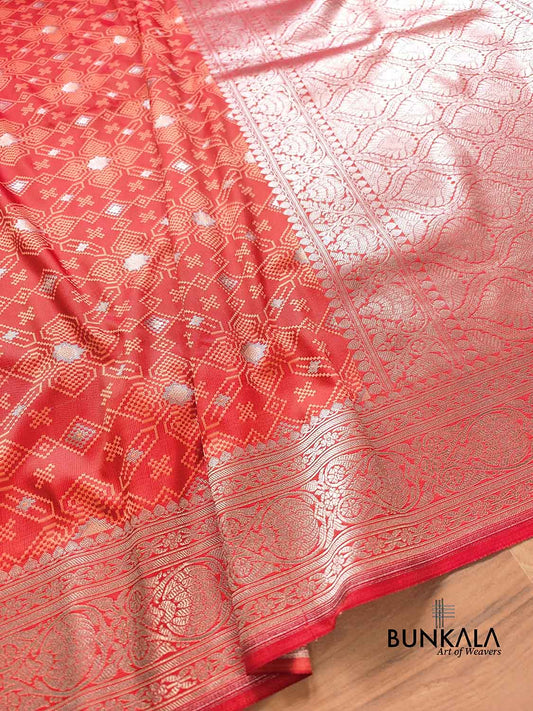 Reddish Peach Soft Mashru Silk Jamewar Weaved Geometric Design Banarasi Saree