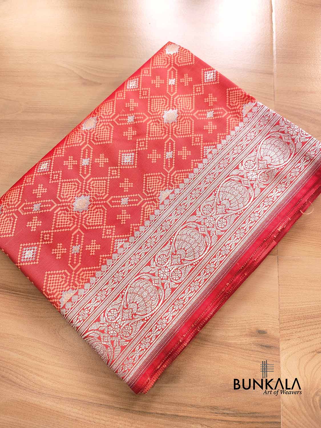 Reddish Peach Soft Mashru Silk Jamewar Weaved Geometric Design Banarasi Saree