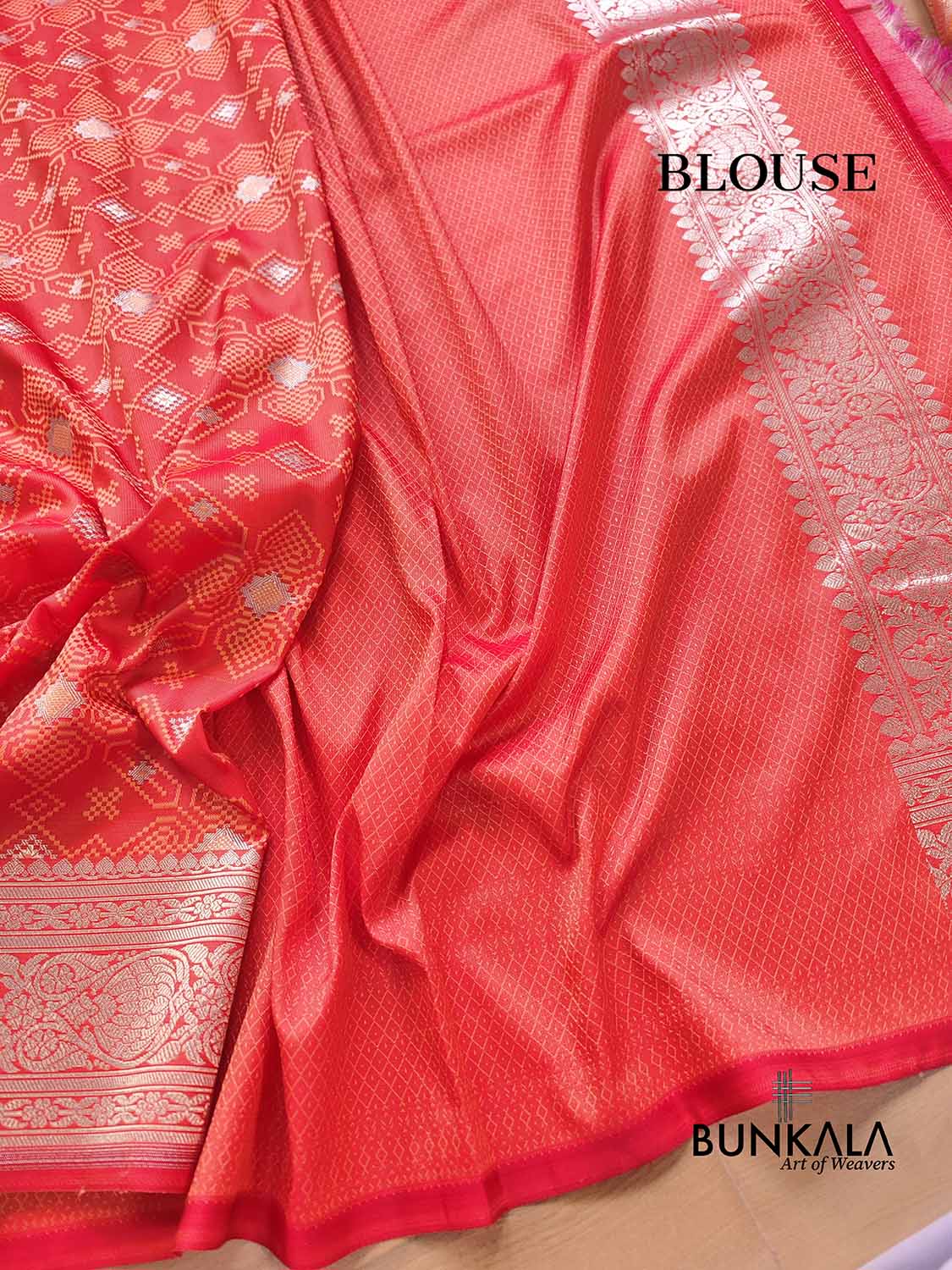 Reddish Peach Soft Mashru Silk Jamewar Weaved Geometric Design Banarasi Saree