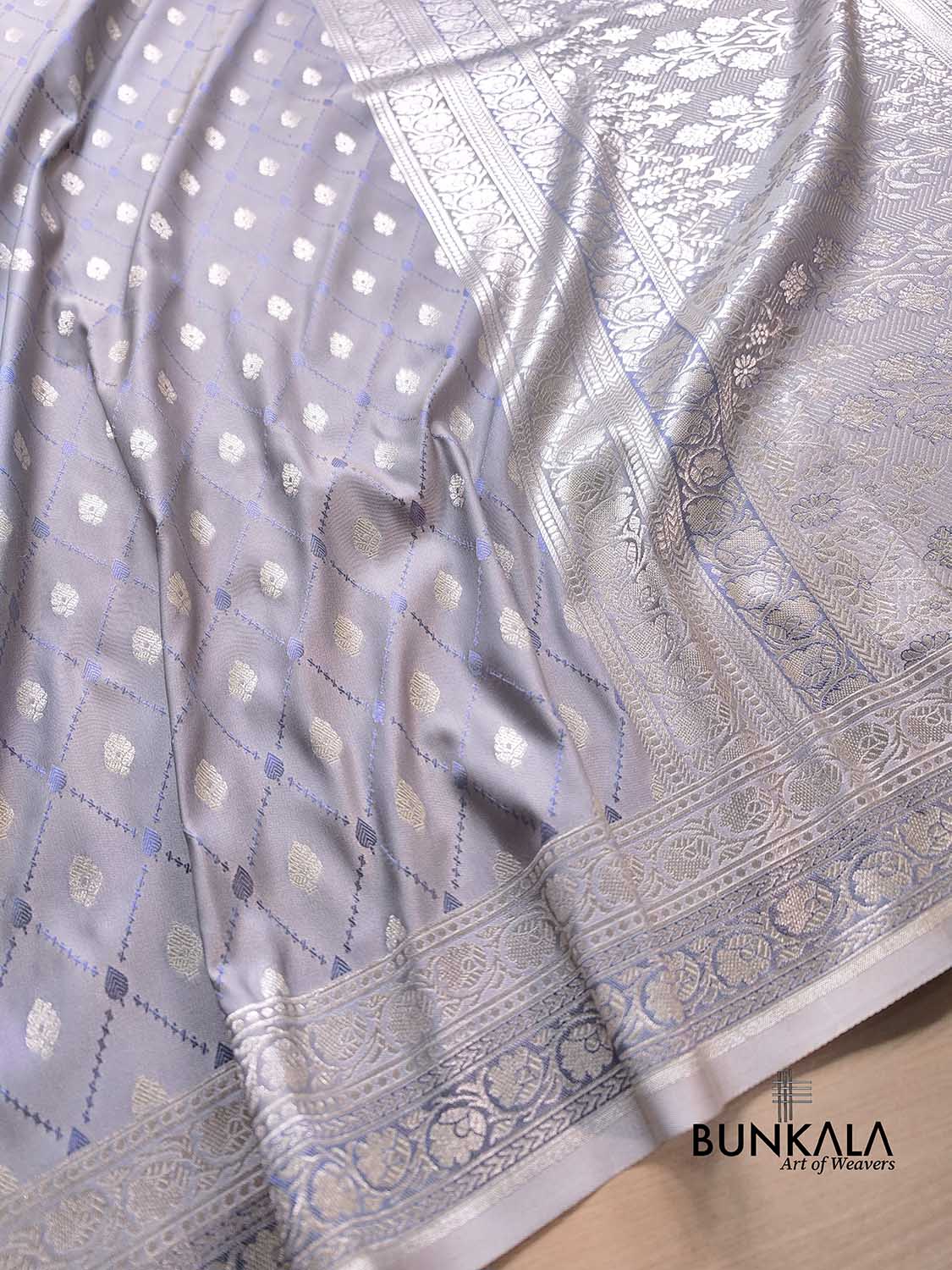 Light Grey Soft Mashru Silk Jamewar Weaved Allover Silver Small Buti Design Banarasi Saree