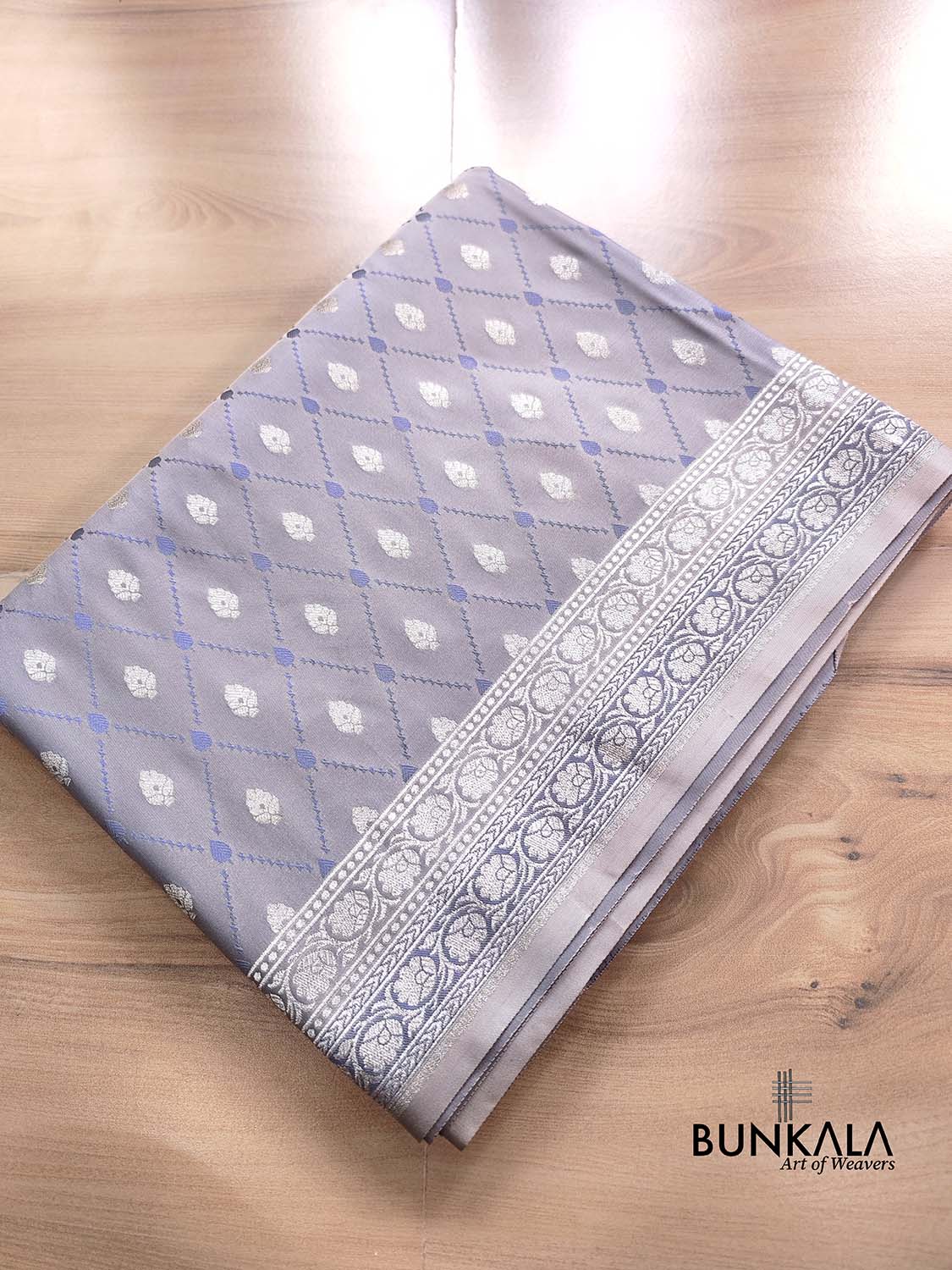 Light Grey Soft Mashru Silk Jamewar Weaved Allover Silver Small Buti Design Banarasi Saree