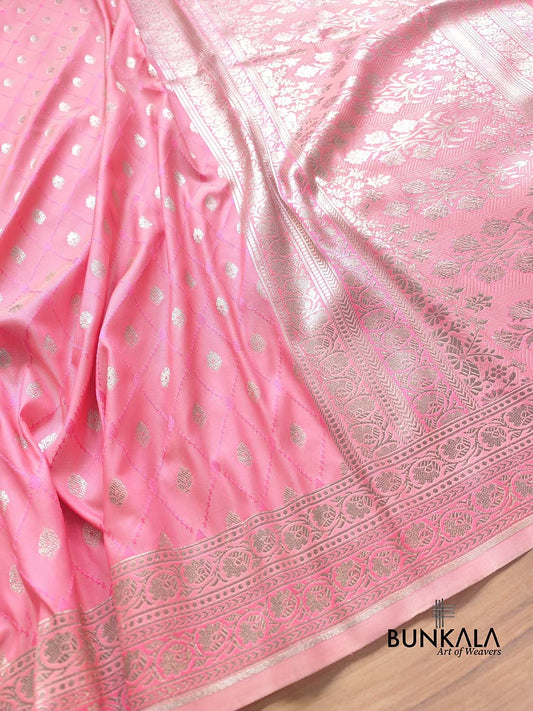 Light Pink Soft Mashru Silk Jamewar Weaved Allover Silver Small Buti Design Banarasi Saree