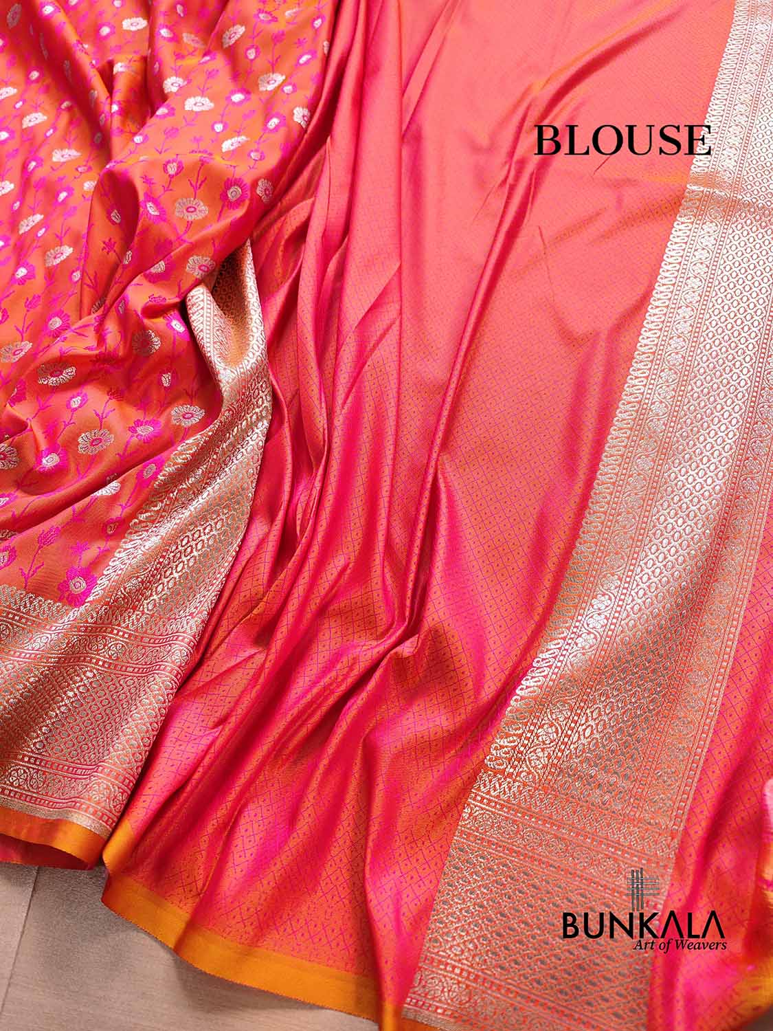 Pink and Orange Dual Shaded Soft Mashru Silk Jamewar Weaved Floral Jaal Design Banarasi Saree