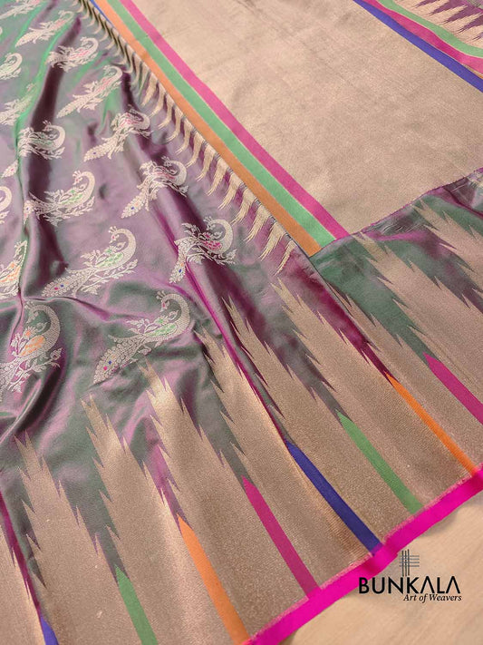 Pink and Green Peacock Motifs Banarasi Pure Katan Silk Handloom Saree