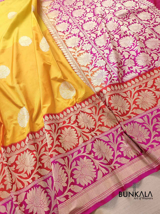 Yellow Checks Kadwa Buta Banarasi Pure Katan Silk Handloom Saree