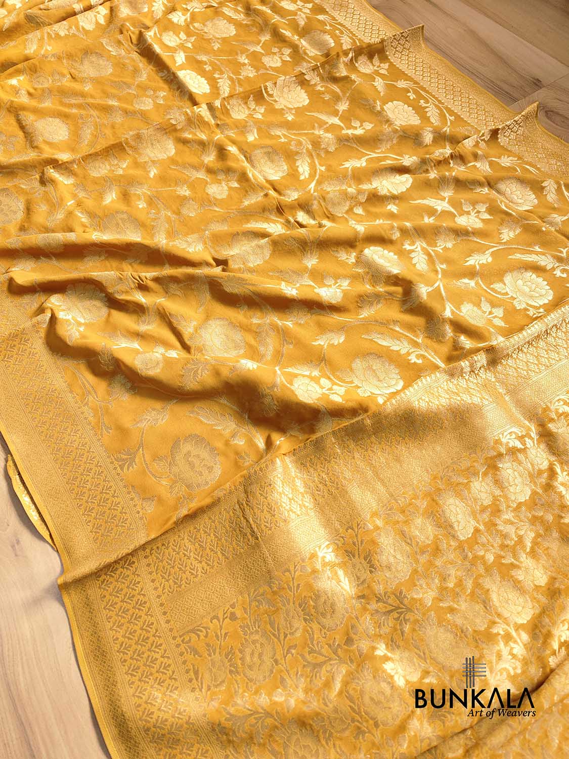 Mustard Yellow Georgette Floral Jaal Design Banarasi Saree