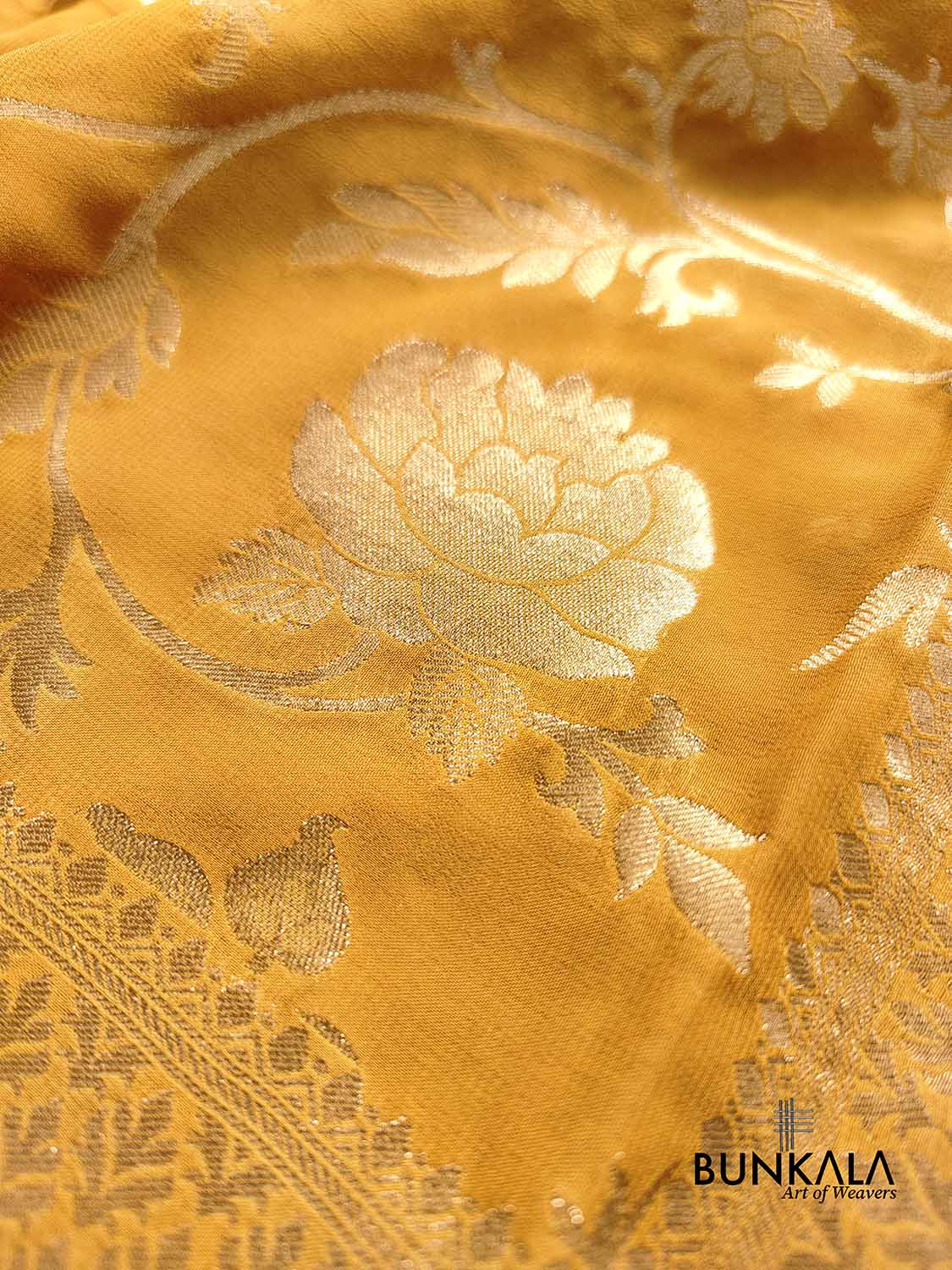 Mustard Yellow Georgette Floral Jaal Design Banarasi Saree