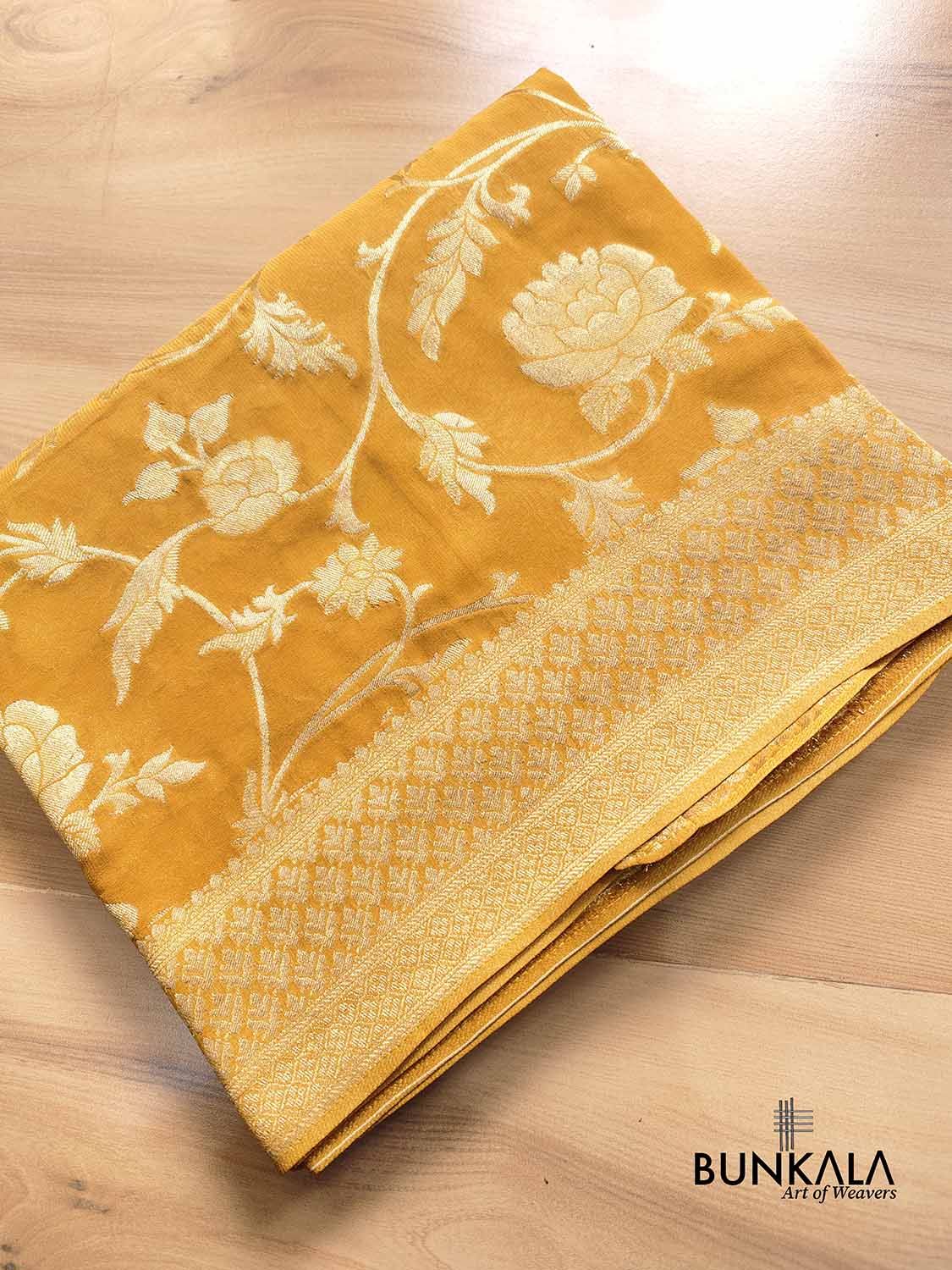 Mustard Yellow Georgette Floral Jaal Design Banarasi Saree